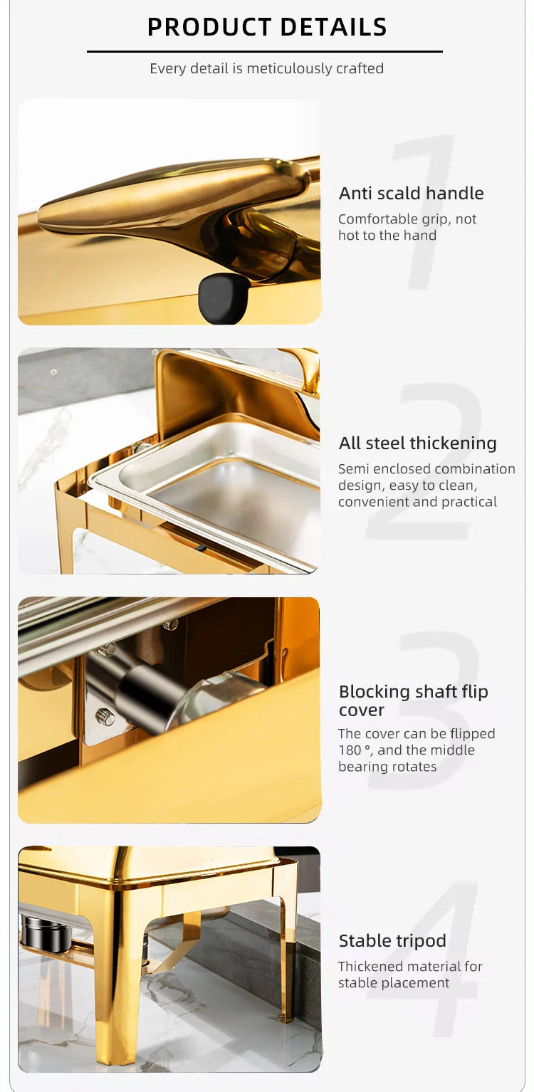 Roll Top Design Restaurant Hotel Chafing Dish Buffet Gold Display Equipment Food Warmer Catering Chafing Dish Set