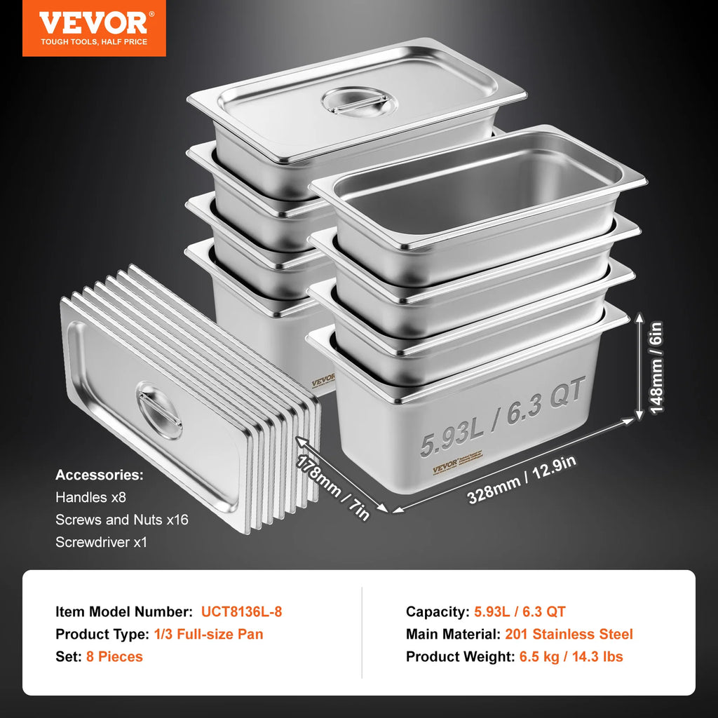 VEVOR 8 Pack Buffet Chafing Dishes 5.93L Gastronorm Pans Steam Table Pans Tray  with Lid 6-Inch Deep Catering Food Pan