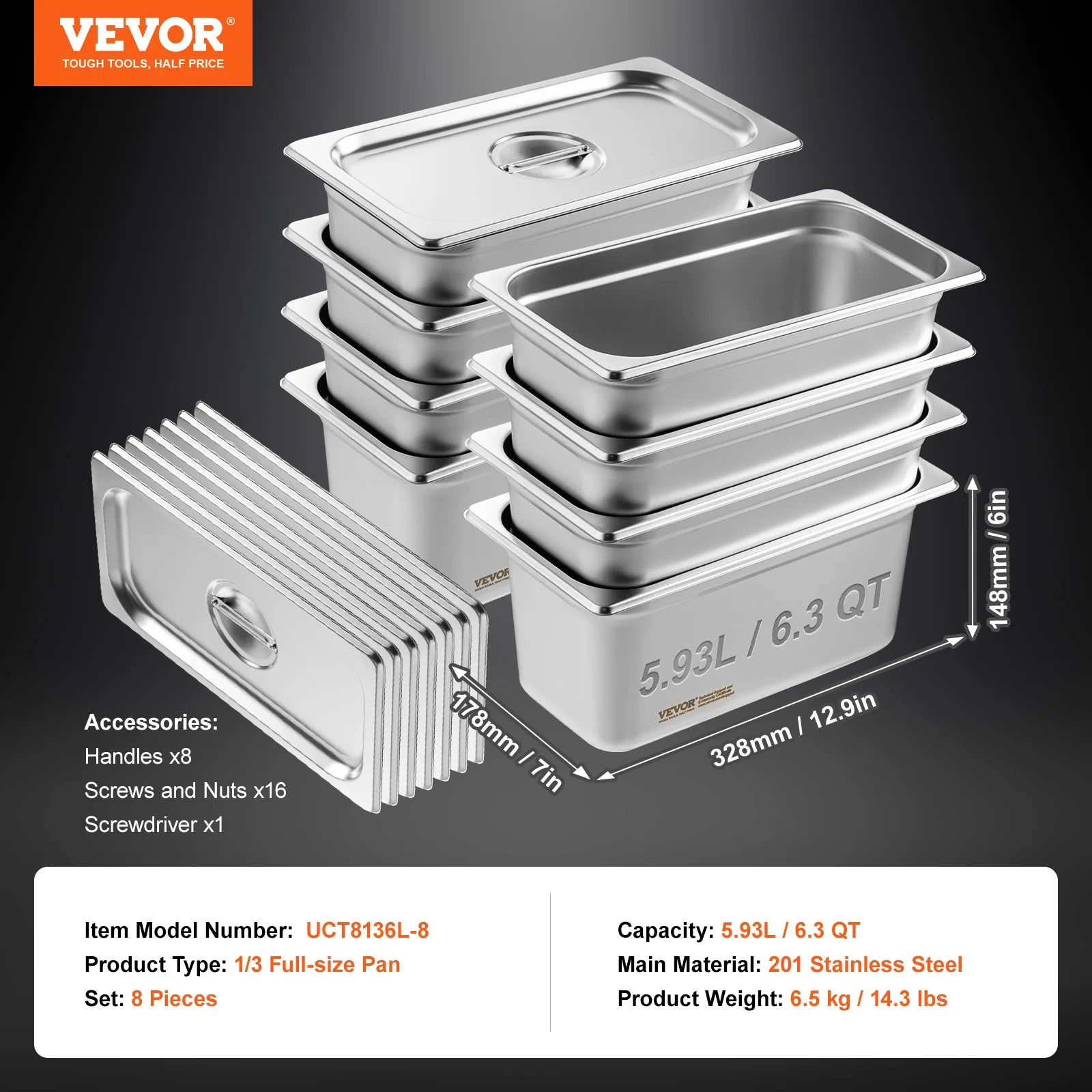 VEVOR 8 Pack Buffet Chafing Dishes 5.93L Gastronorm Pans Steam Table Pans Tray  with Lid 6-Inch Deep Catering Food Pan
