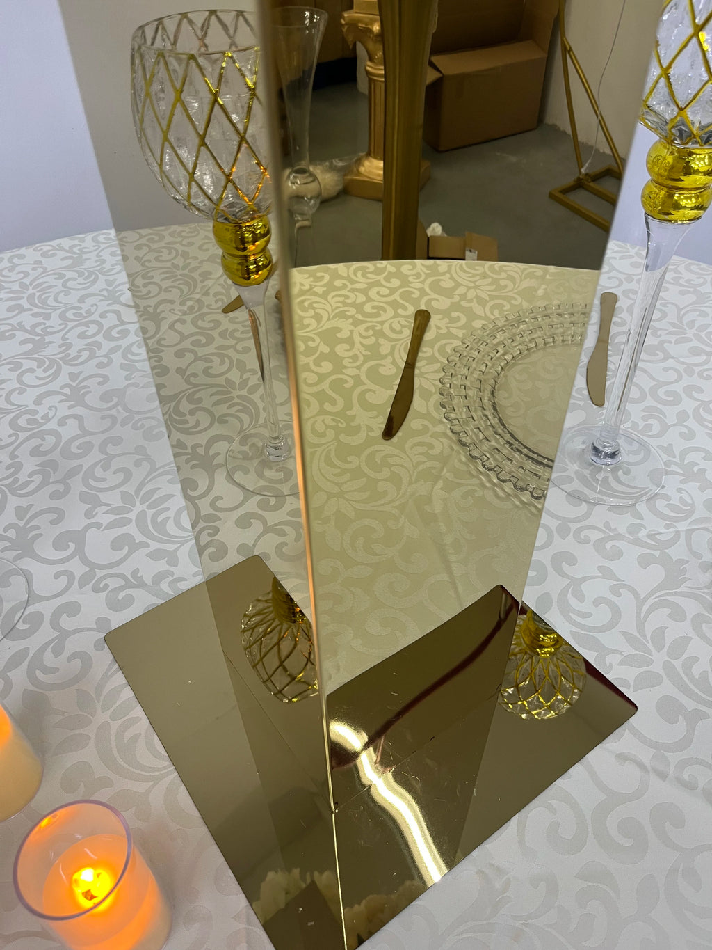 Set of 2 Gold Square Mirror Column Stainless Steel Table Decorations Wedding Tall Centerpiece Flower Stand