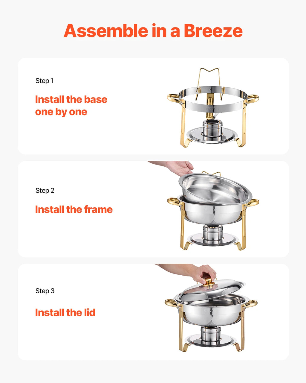 VEVOR 4 Pack Chafing Dish Buffet Set Stainless Steel Chafer with 4 Full Size Pan Round Catering Warmer Server for Party Banquets
