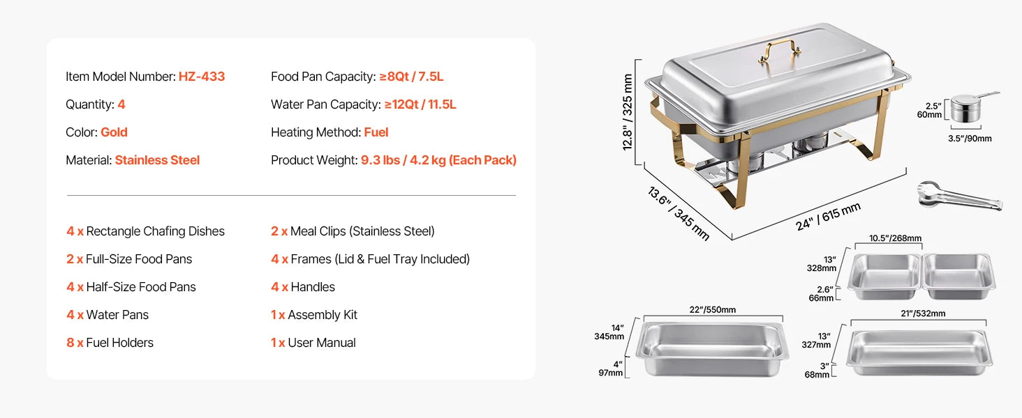 SucceBuy 8 Qt 4 Pack Chafing Dish Buffet Set Stainless Steel Chafer with 2 Full Size and 4 Half Size Pans Catering Warmer Server