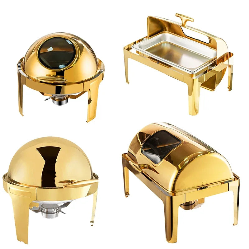 Roll Top Design Restaurant Hotel Chafing Dish Buffet Gold Display Equipment Food Warmer Catering Chafing Dish Set