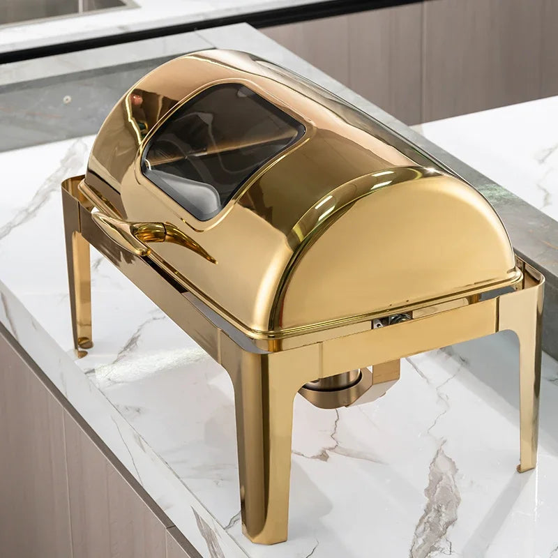 Roll Top Design Restaurant Hotel Chafing Dish Buffet Gold Display Equipment Food Warmer Catering Chafing Dish Set