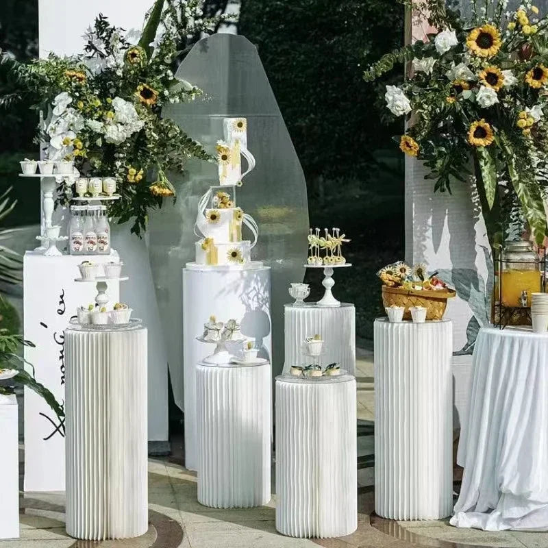 Elegant White Theme Wedding Decoration Centerpieces Paper Roman Column Folding Curve Design Cake Dessert Table Rack