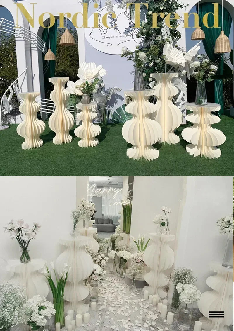 Elegant White Theme Wedding Decoration Centerpieces Paper Roman Column Folding Curve Design Cake Dessert Table Rack