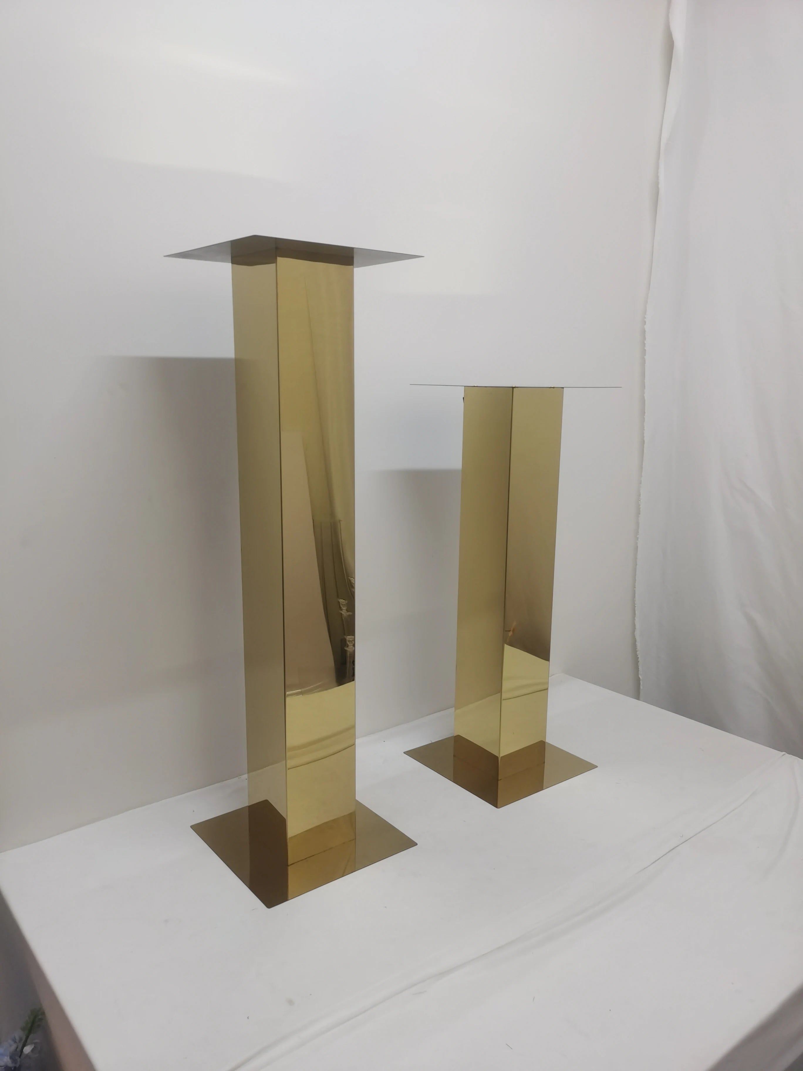 Set of 2 Gold Square Mirror Column Stainless Steel Table Decorations Wedding Tall Centerpiece Flower Stand