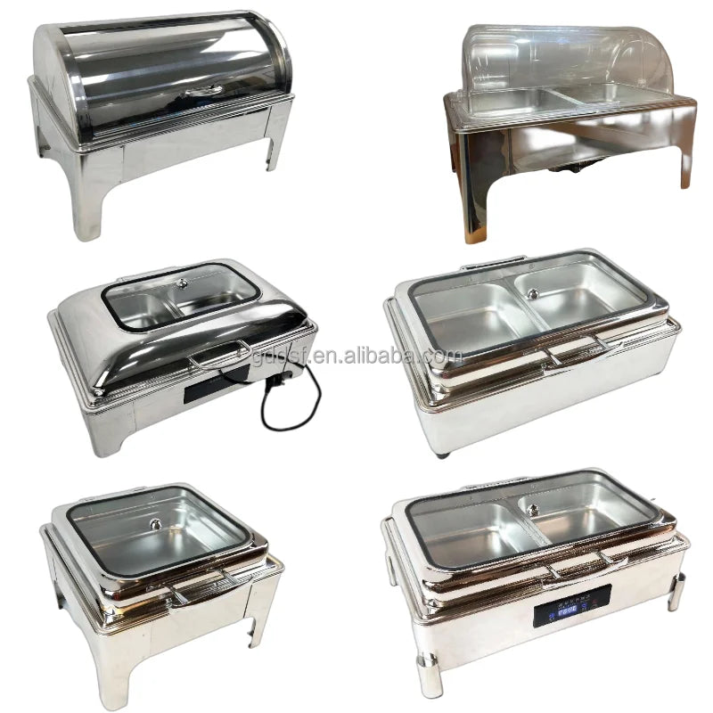 Factory Direct Dishes Chafing Dishes Buffet Catering Stainless Steel Round Roll Hot Pot Food Warmer Luxury Buffet Alcohol Stove
