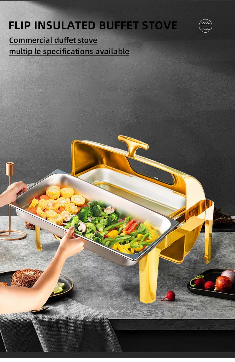 Roll Top Design Restaurant Hotel Chafing Dish Buffet Gold Display Equipment Food Warmer Catering Chafing Dish Set
