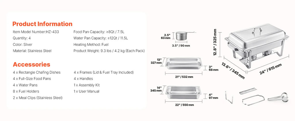 SucceBuy 8 Qt 4 Pack Chafing Dish Buffet Set Stainless Steel Chafer with 2 Full Size and 4 Half Size Pans Catering Warmer Server