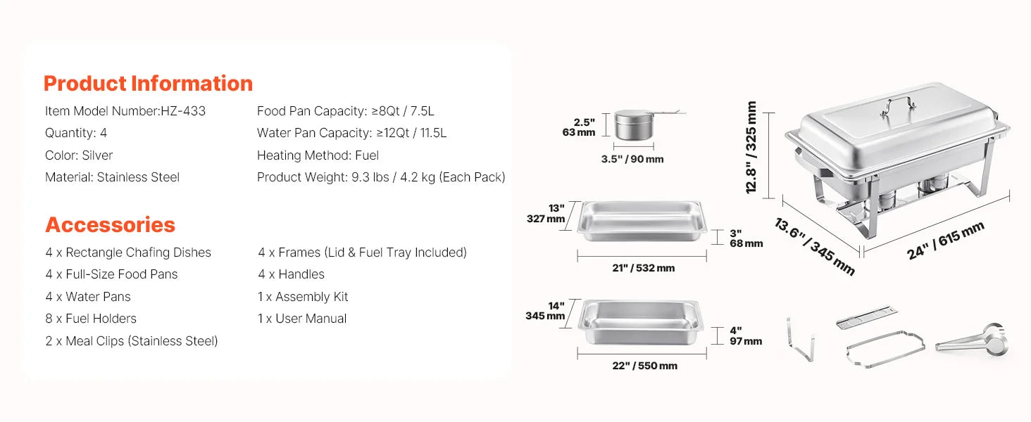 SucceBuy 8 Qt 4 Pack Chafing Dish Buffet Set Stainless Steel Chafer with 2 Full Size and 4 Half Size Pans Catering Warmer Server