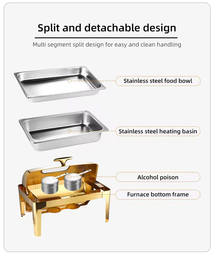 Roll Top Design Restaurant Hotel Chafing Dish Buffet Gold Display Equipment Food Warmer Catering Chafing Dish Set