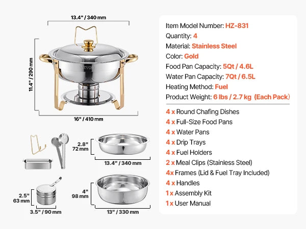 VEVOR 4 Pack Chafing Dish Buffet Set Stainless Steel Chafer with 4 Full Size Pan Round Catering Warmer Server for Party Banquets