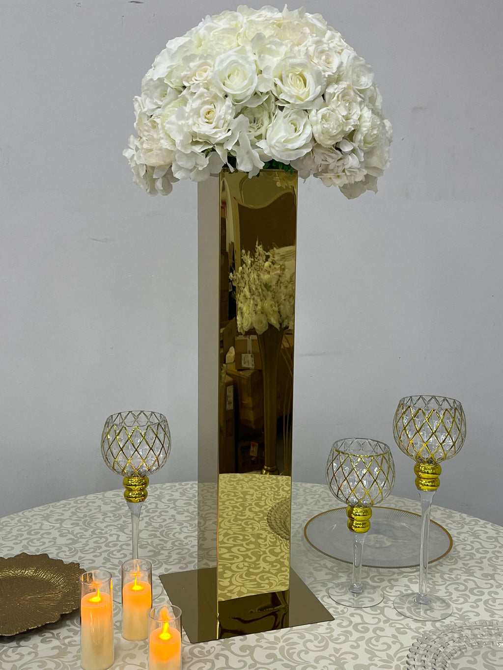 Set of 2 Gold Square Mirror Column Stainless Steel Table Decorations Wedding Tall Centerpiece Flower Stand