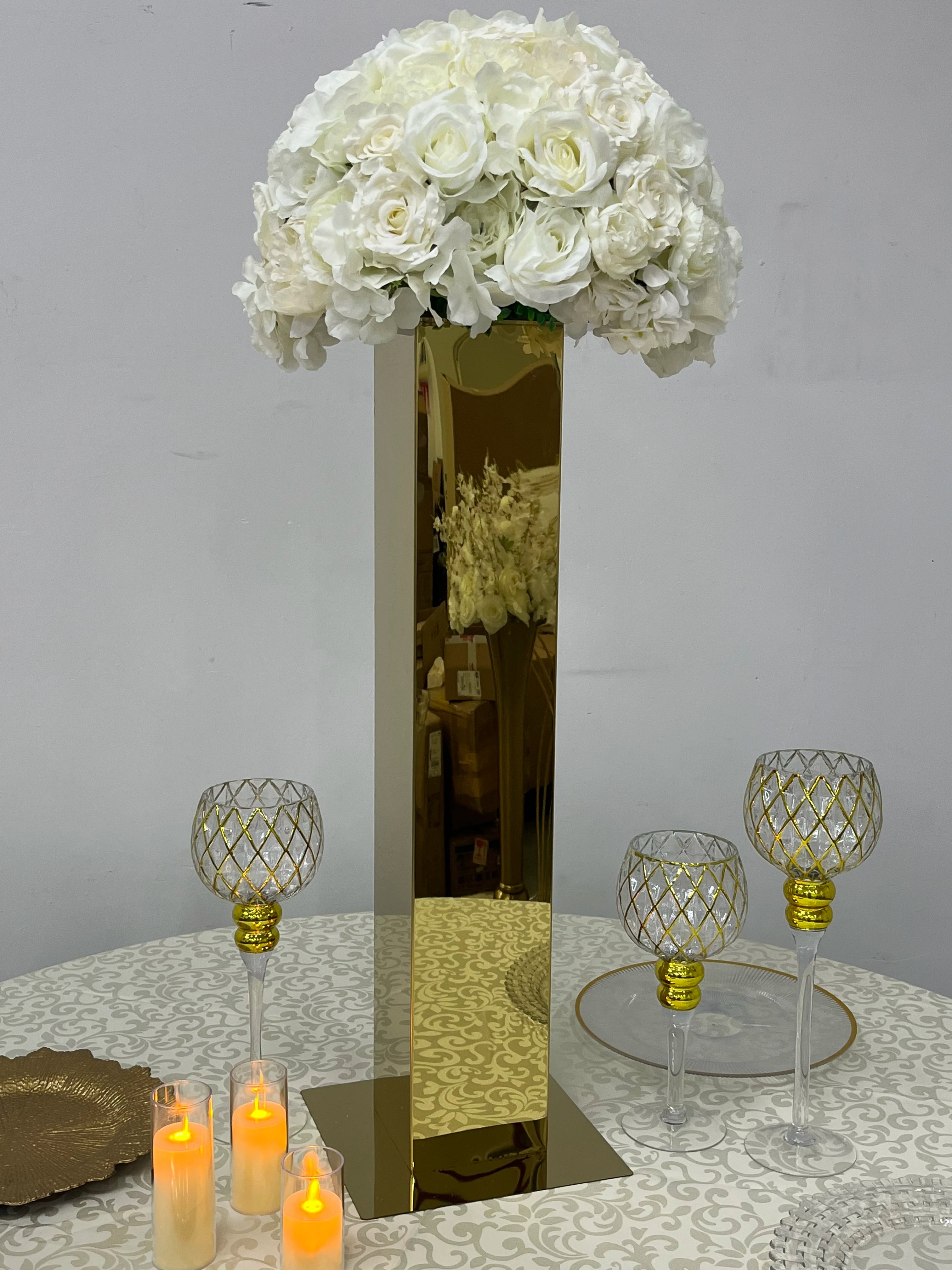 Set of 2 Gold Square Mirror Column Stainless Steel Table Decorations Wedding Tall Centerpiece Flower Stand