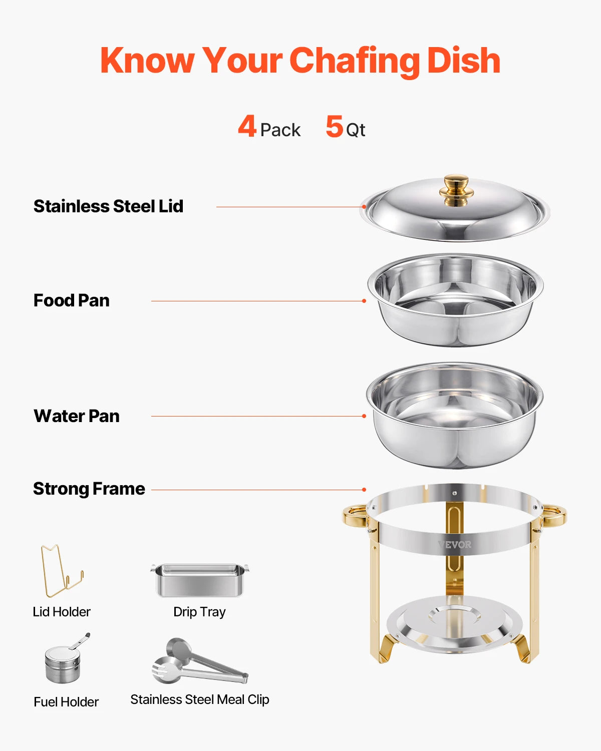 VEVOR 4 Pack Chafing Dish Buffet Set Stainless Steel Chafer with 4 Full Size Pan Round Catering Warmer Server for Party Banquets