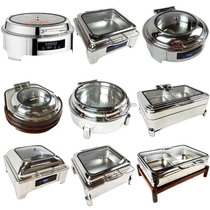 Factory Direct Dishes Chafing Dishes Buffet Catering Stainless Steel Round Roll Hot Pot Food Warmer Luxury Buffet Alcohol Stove
