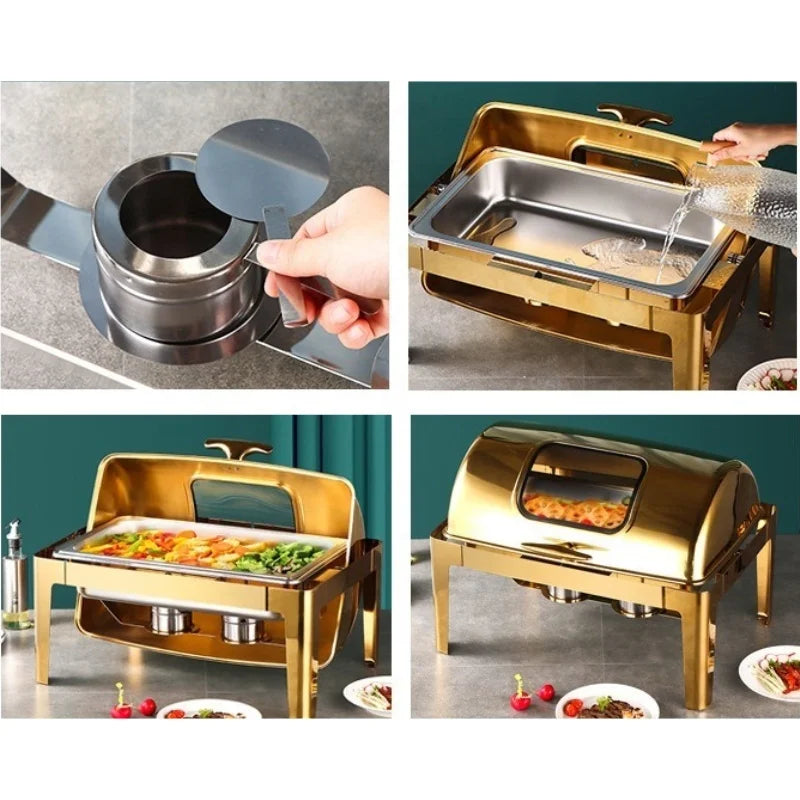 Factory Direct Dishes Chafing Dishes Buffet Catering Stainless Steel Round Roll Hot Pot Food Warmer Luxury Buffet Alcohol Stove