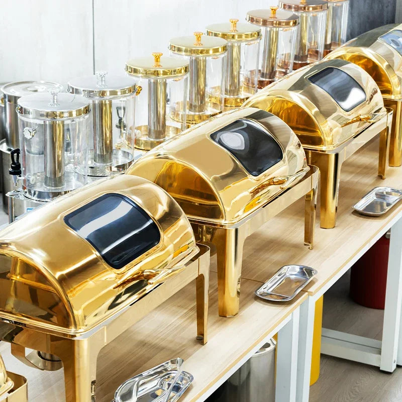 Roll Top Design Restaurant Hotel Chafing Dish Buffet Gold Display Equipment Food Warmer Catering Chafing Dish Set