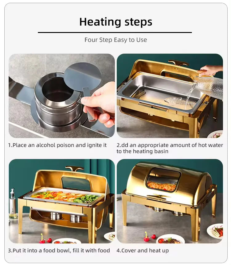 Roll Top Design Restaurant Hotel Chafing Dish Buffet Gold Display Equipment Food Warmer Catering Chafing Dish Set