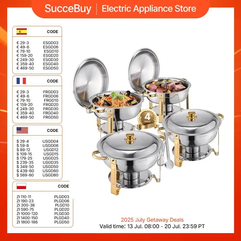 VEVOR 4 Pack Chafing Dish Buffet Set Stainless Steel Chafer with 4 Full Size Pan Round Catering Warmer Server for Party Banquets