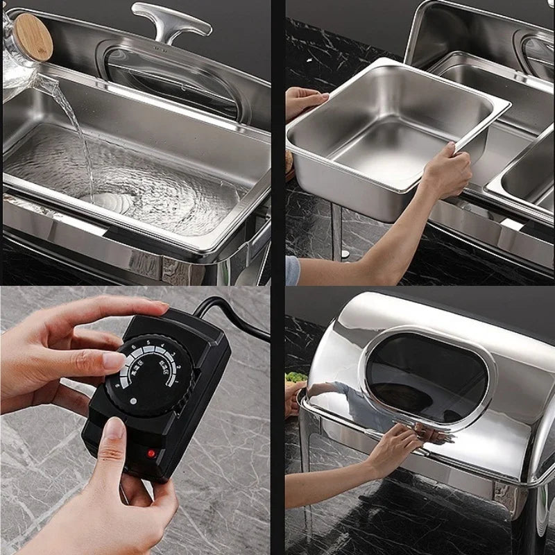 Factory Direct Dishes Chafing Dishes Buffet Catering Stainless Steel Round Roll Hot Pot Food Warmer Luxury Buffet Alcohol Stove