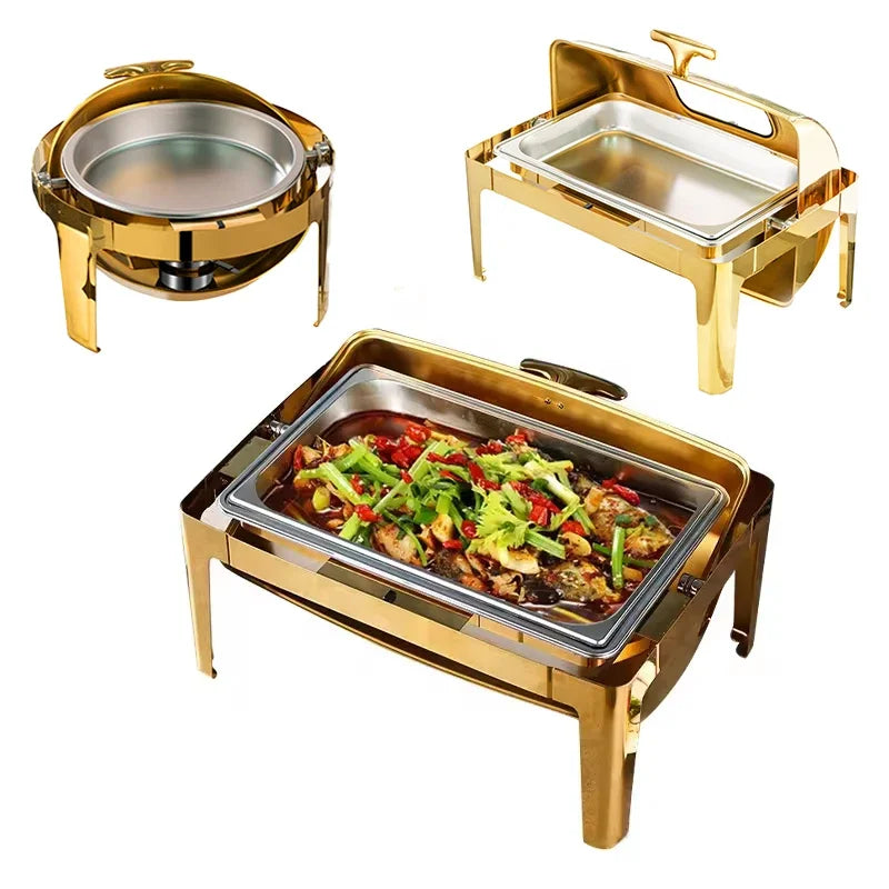 Roll Top Design Restaurant Hotel Chafing Dish Buffet Gold Display Equipment Food Warmer Catering Chafing Dish Set