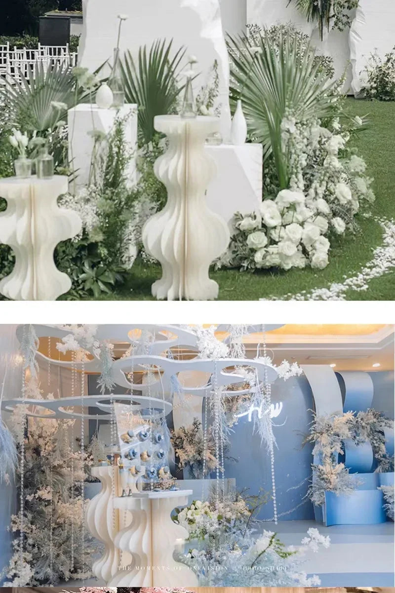 Elegant White Theme Wedding Decoration Centerpieces Paper Roman Column Folding Curve Design Cake Dessert Table Rack
