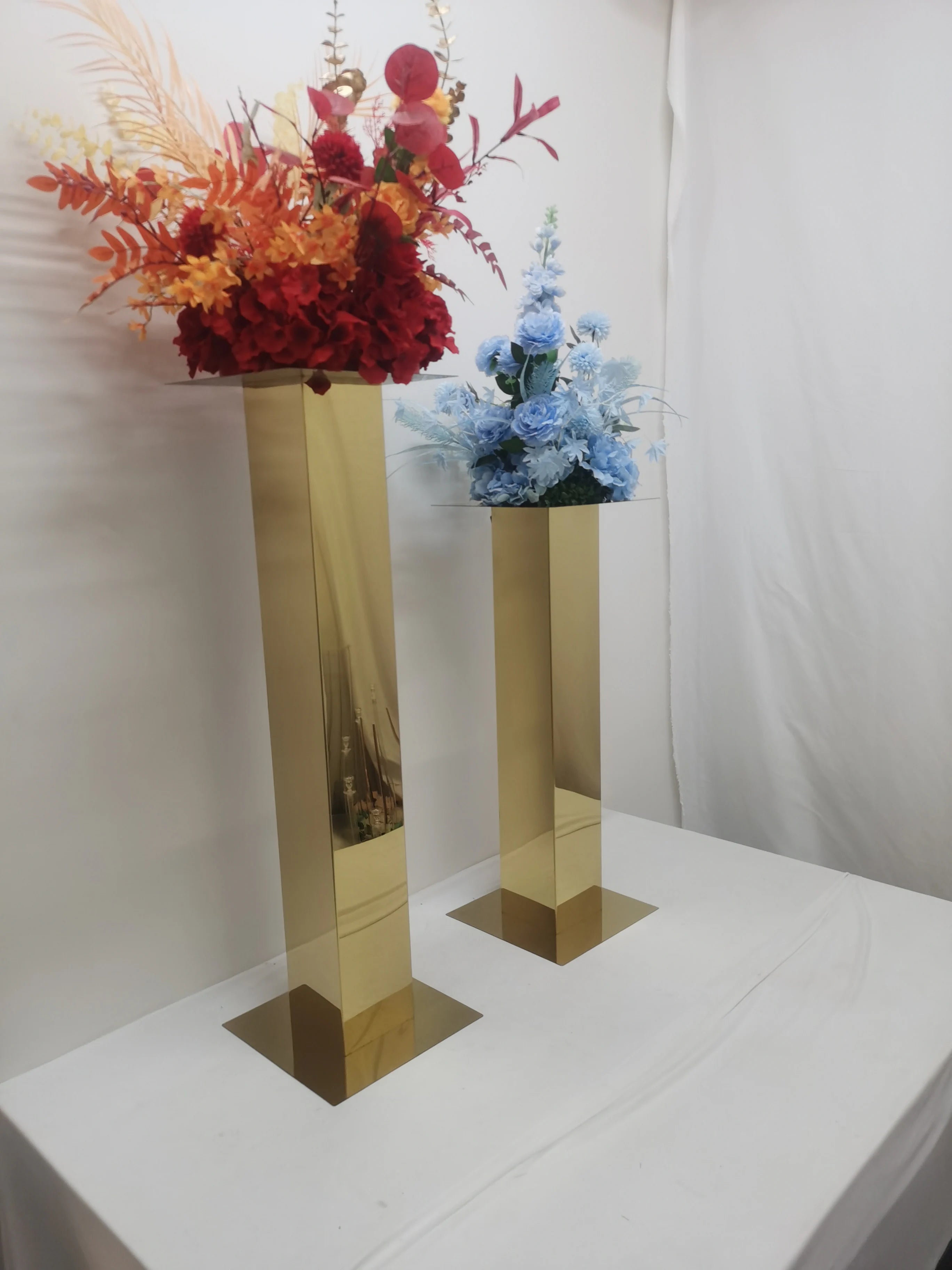 Set of 2 Gold Square Mirror Column Stainless Steel Table Decorations Wedding Tall Centerpiece Flower Stand