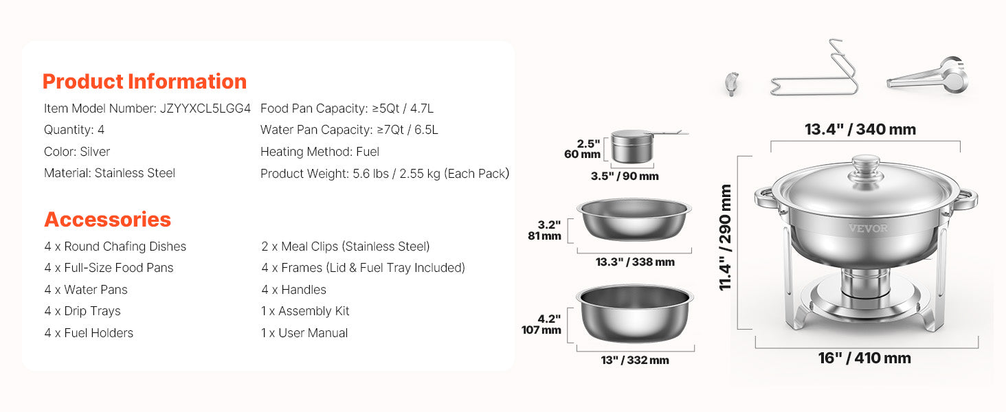 VEVOR 4 Pack Chafing Dish Buffet Set Stainless Steel Chafer with 4 Full Size Pan Round Catering Warmer Server for Party Banquets