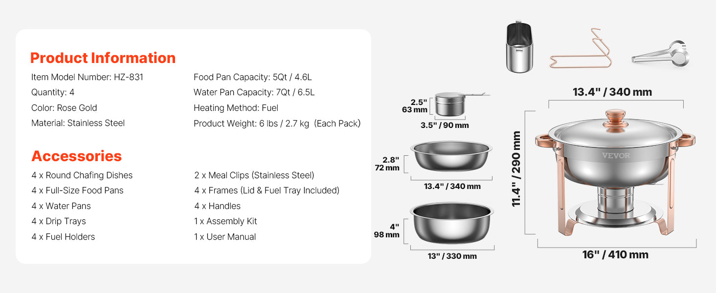 VEVOR 4 Pack Chafing Dish Buffet Set Stainless Steel Chafer with 4 Full Size Pan Round Catering Warmer Server for Party Banquets