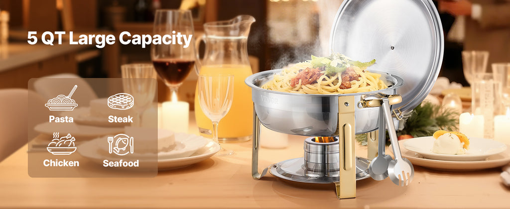 VEVOR 4 Pack Chafing Dish Buffet Set Stainless Steel Chafer with 4 Full Size Pan Round Catering Warmer Server for Party Banquets