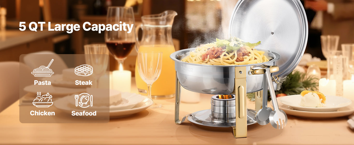 VEVOR 4 Pack Chafing Dish Buffet Set Stainless Steel Chafer with 4 Full Size Pan Round Catering Warmer Server for Party Banquets