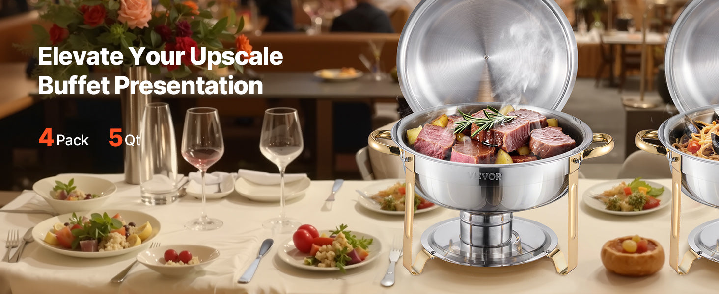 VEVOR 4 Pack Chafing Dish Buffet Set Stainless Steel Chafer with 4 Full Size Pan Round Catering Warmer Server for Party Banquets