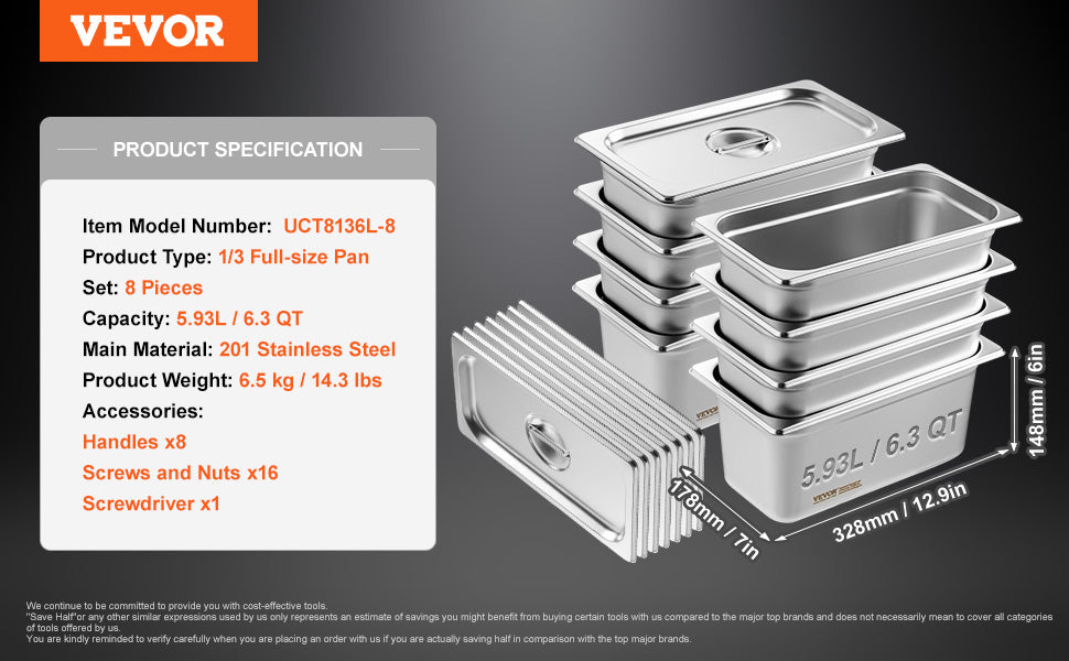 VEVOR 8 Pack Buffet Chafing Dishes 5.93L Gastronorm Pans Steam Table Pans Tray  with Lid 6-Inch Deep Catering Food Pan