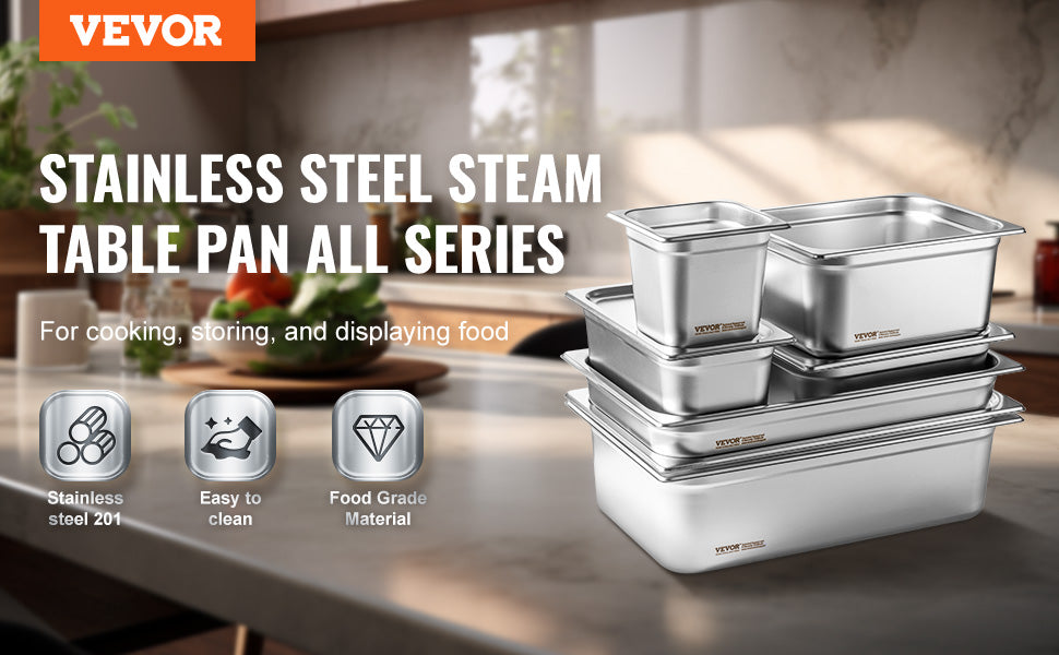VEVOR 8 Pack Buffet Chafing Dishes 5.93L Gastronorm Pans Steam Table Pans Tray  with Lid 6-Inch Deep Catering Food Pan
