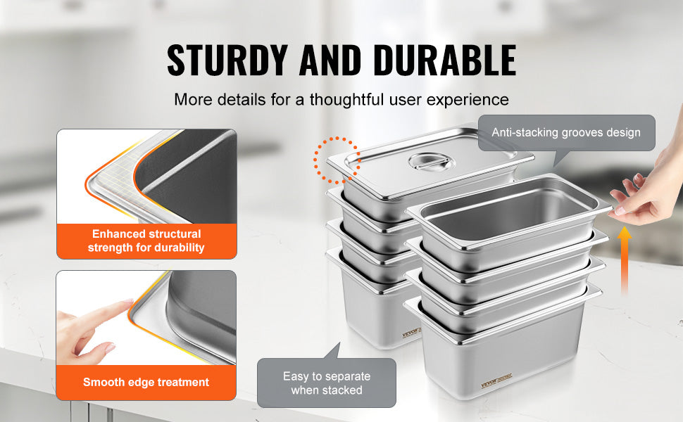 VEVOR 8 Pack Buffet Chafing Dishes 5.93L Gastronorm Pans Steam Table Pans Tray  with Lid 6-Inch Deep Catering Food Pan